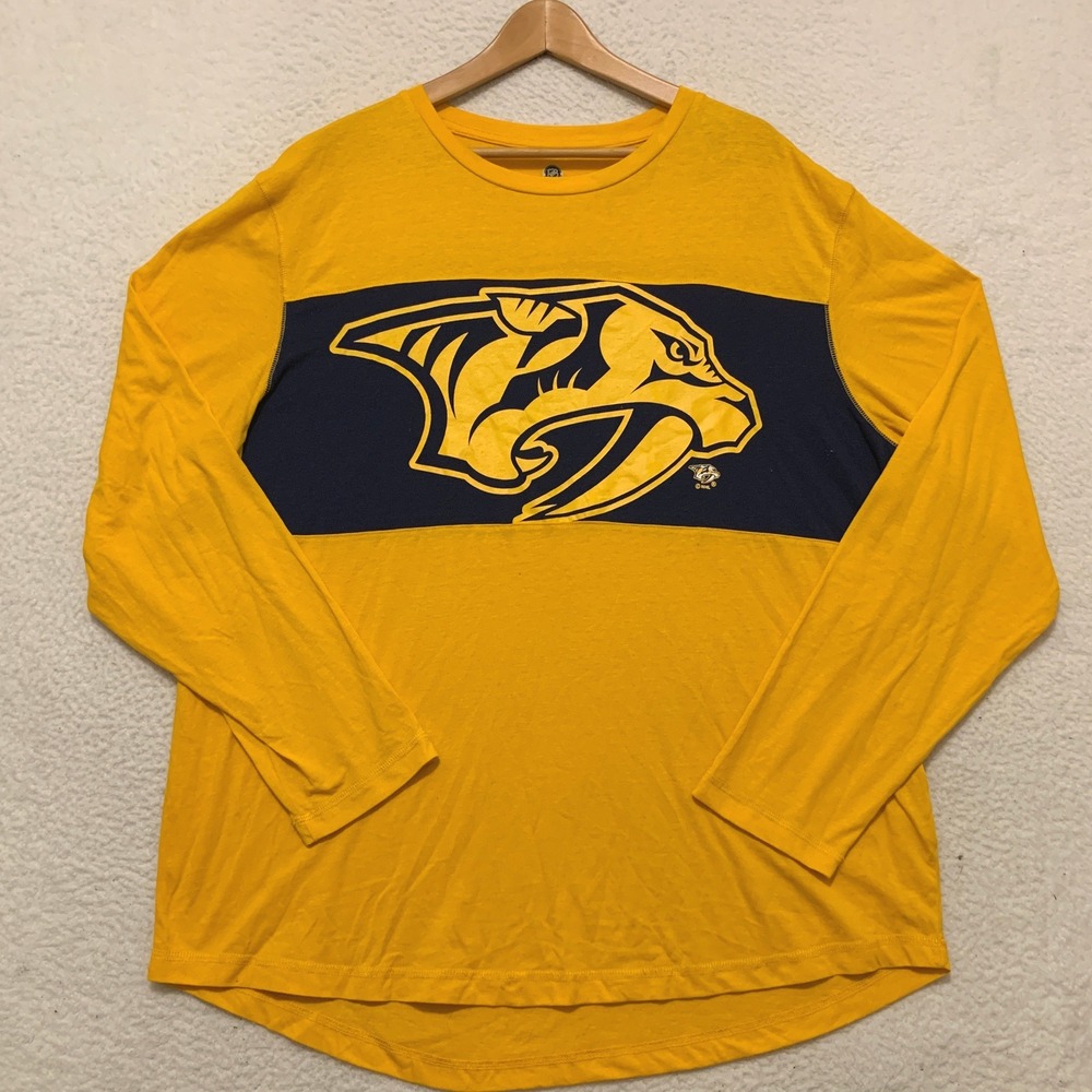 NHL Nashville Predators Long Sleeve T-Shirt Mens 2XL Yellow Navy Blue Logo Tee